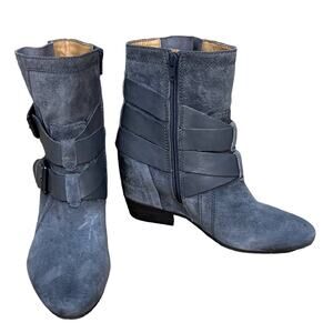 Anthropologie Naya Fisher Gray Suede Moto Buckle Ankle Boots Booties Size 7.5
